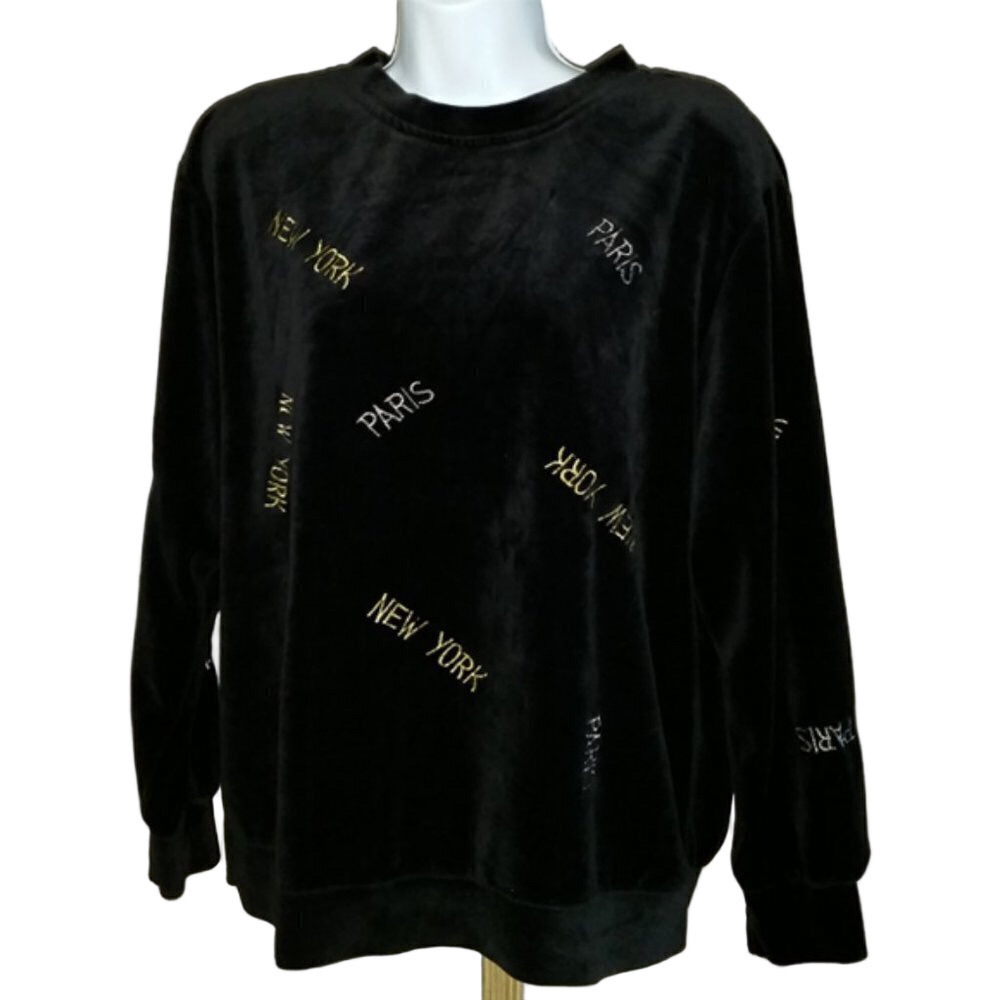 Vintage velvety Paris New York gold thread embroidery sweatshirt S/M to L